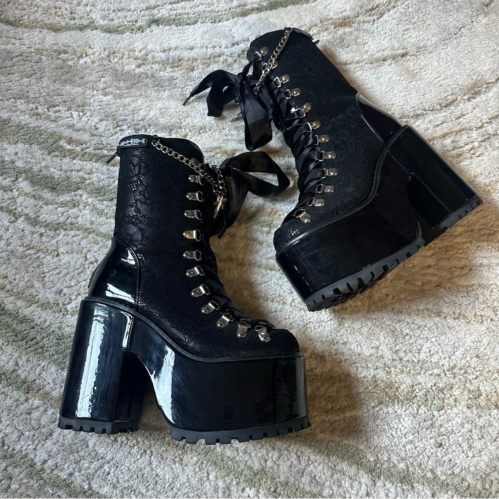 YRU Absinthe Misa Death Note Collab Black Platform Lace-Up Heeled Boots size 7